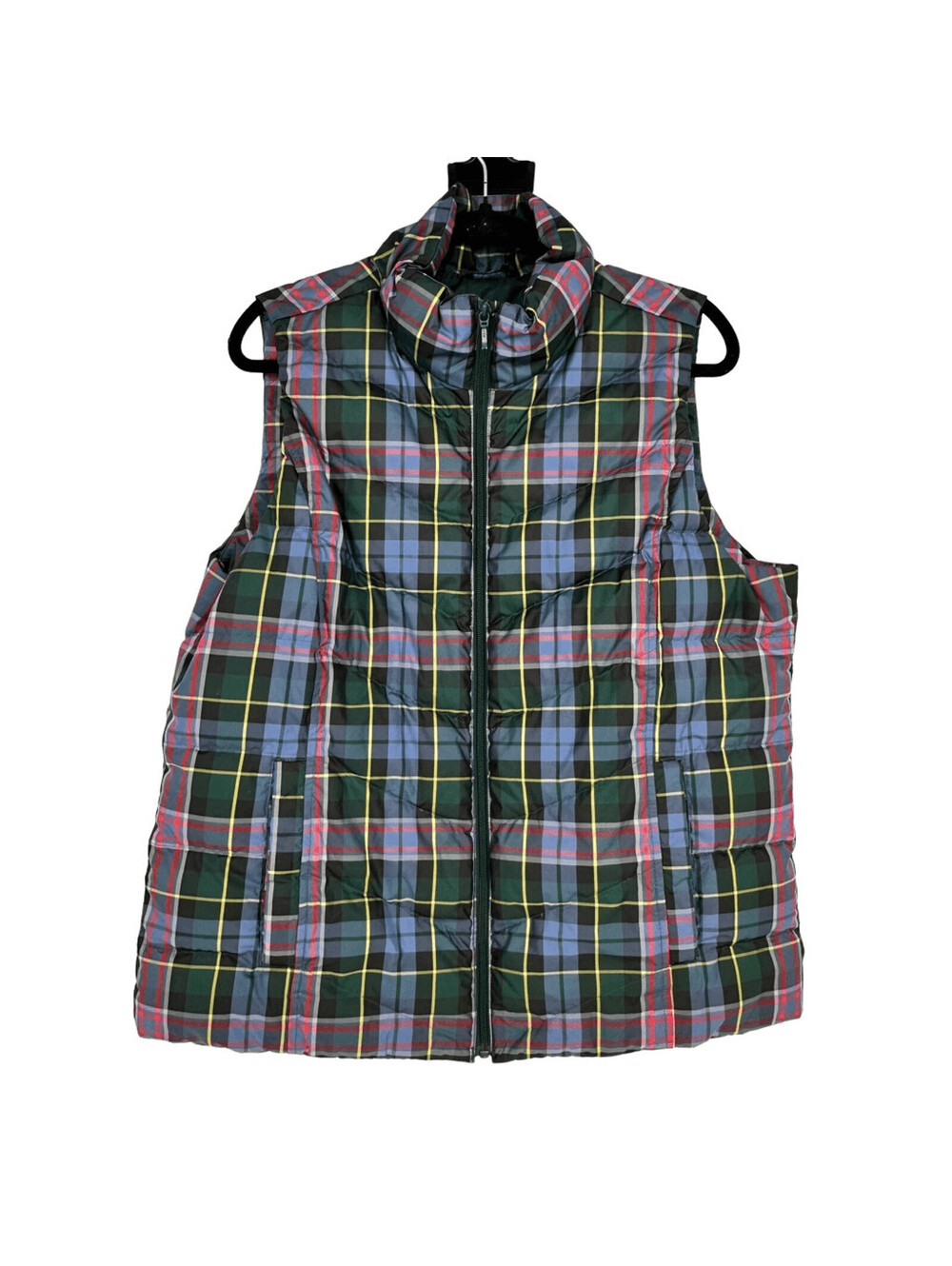 Lands End Girls Puffer Vest Down Filled Plaid Green Size L 14 - 16 Pockets